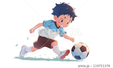 サッカーボールを追いかける元気な少年のイラスト - スポーツを楽しむ子供のイメージ サッカーボールを追いかける元気な少年のイラスト - スポーツを楽しむ子供のイメージ 119751376