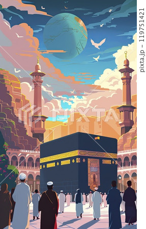 Illustration of the Kaaba in Mecca at Sunset, Generate AI 119751421