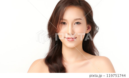 Beautiful young asian woman with clean fresh skin on white background, Face care, Facial treatment, Cosmetology, beauty and spa, Asian women portrait. Beautiful young asian woman with clean fresh skin on white background, Face care, Facial treatment, Cosmetology, beauty and spa, Asian women portrait. 119751744