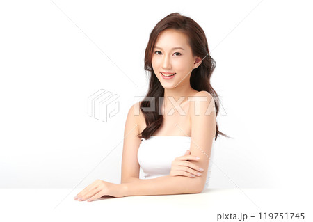 Beautiful young asian woman with clean fresh skin on white background, Face care, Facial treatment, Cosmetology, beauty and spa, Asian women portrait. Beautiful young asian woman with clean fresh skin on white background, Face care, Facial treatment, Cosmetology, beauty and spa, Asian women portrait. 119751745