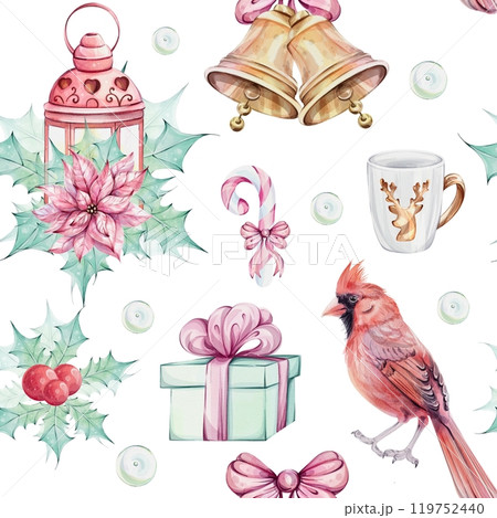 Watercolor seamless pattern - Christmas bird red cardinal, bells, gift, berries, red lantern, poinsettia flowers bouquet with holly green leaves. Symbol of Christmas. Winter holiday decoration in 119752440