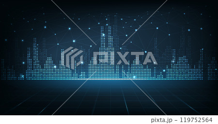 Cityscape with lines that connect with 5G technology. Cityscape with lines that connect with 5G technology. 119752564