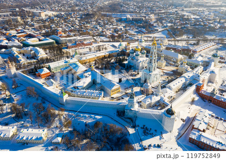 Aerial view of Trinity Lavra of St. Sergius covered with snow in Sergiev Posad Aerial view of Trinity Lavra of St. Sergius covered with snow in Sergiev Posad 119752849