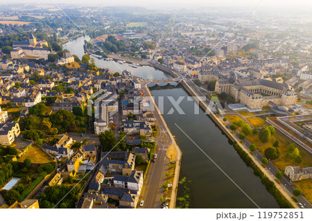 Flight over the city Chateau-Gontier Mayenne river on summer day 119752851