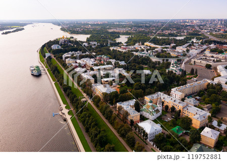View from drone on river Volga and Yaroslavl, Russia View from drone on river Volga and Yaroslavl, Russia 119752881