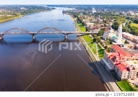Drone view of the city of Rybinsk with the bridge over the Volga River 119752883