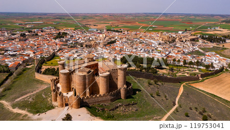 Bird's eye view of Belmonte Castle and municipality, Spain Bird's eye view of Belmonte Castle and municipality, Spain 119753041