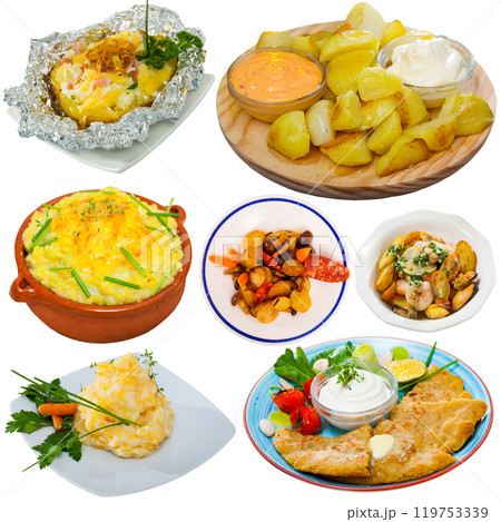 Plates of tasty potato dishes Plates of tasty potato dishes 119753339