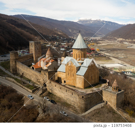 Medieval Ananuri fortress on Aragvi river in Georgia 119753408
