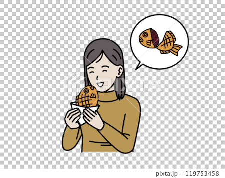 Illustration of a young woman eating taiyaki while walking around Illustration of a young woman eating taiyaki while walking around 119753458