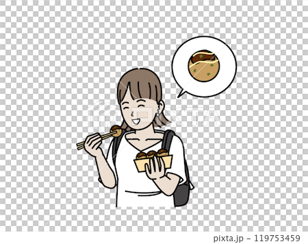 Illustration of a young woman eating takoyaki while walking around Illustration of a young woman eating takoyaki while walking around 119753459