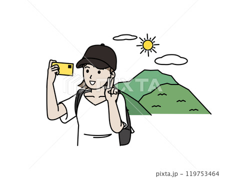 ハイキングや登山、スマホで自撮りする若い女性のイラスト ハイキングや登山、スマホで自撮りする若い女性のイラスト 119753464