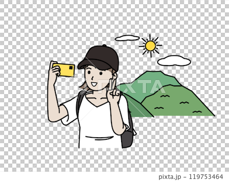 ハイキングや登山、スマホで自撮りする若い女性のイラスト ハイキングや登山、スマホで自撮りする若い女性のイラスト 119753464