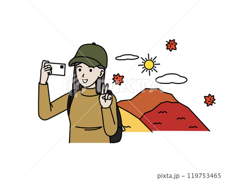 ハイキングや登山、スマホで自撮りする若い女性のイラスト 119753465