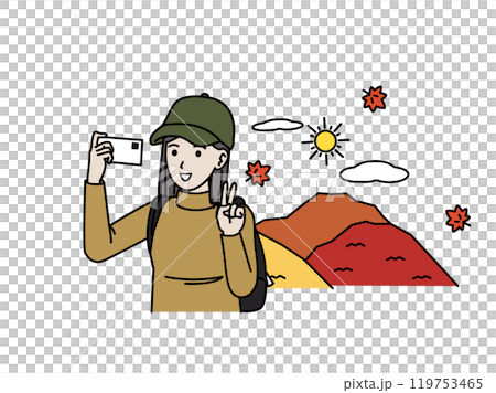 ハイキングや登山、スマホで自撮りする若い女性のイラスト 119753465