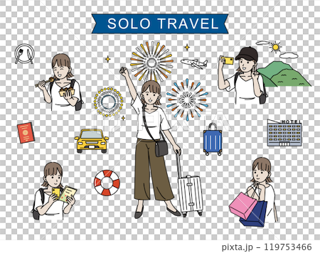 Summer trip, illustration set of a young woman enjoying solo travel 119753466