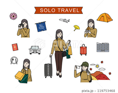 秋旅、一人旅を楽しむ若い女性のイラストセット 119753468