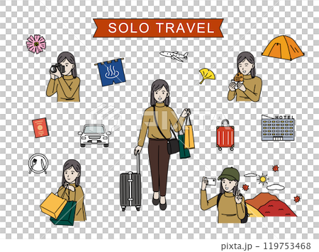 秋旅、一人旅を楽しむ若い女性のイラストセット 119753468