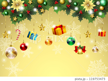 クリスマス背景、イラスト、かわいい、金色、ドロップオーナメント、柊 119753473