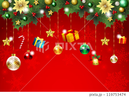 クリスマス背景、イラスト、かわいい、赤、ドロップオーナメント、柊 119753474