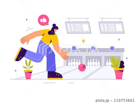 Vector illustration of a Bowling Game with People Throwing Balls, Featuring Pins, Ball, and Scoreboards in a Sport Club and Fun of a Bowling Match 119753681