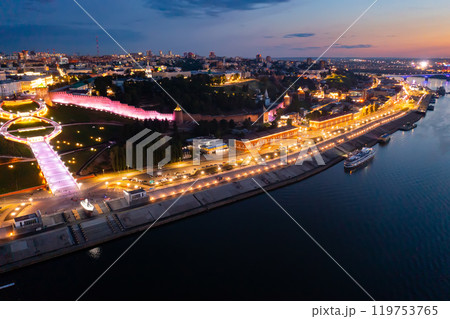 Aerial view of Chkalovskaya Staircase and Nizhny Novgorod Kremlin at night with illumination Aerial view of Chkalovskaya Staircase and Nizhny Novgorod Kremlin at night with illumination 119753765
