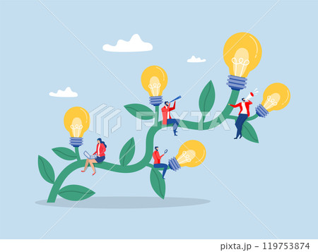 Growing mindset culture in workplace HR concept, business people employee working on growing lightbulb plant.cultivating corporate value concept. 119753874