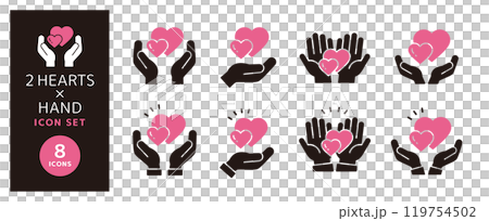 A simple icon set of black hands holding two hearts 119754502