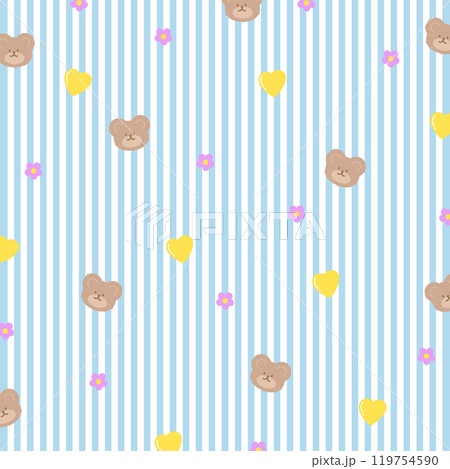 Pastel blue stripe background with teddy bear, heart, flower for wallpaper, backdrop, animal print, fabric, textile, garment, pet clothes, phone case, picnic blanket, zoo, souvenir shop, gift wrap 119754590