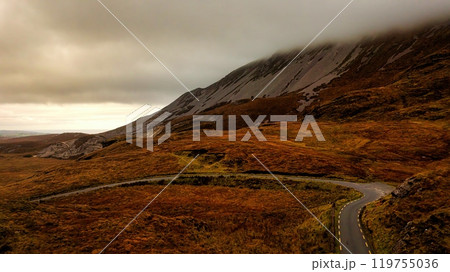 Glenveagh National Park in Donegal Ireland aerial view - The breathtaking landscape features rolling Glenveagh National Park in Donegal Ireland aerial view - The breathtaking landscape features rolling 119755036