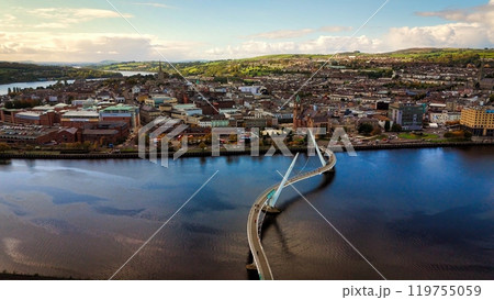 City of Derry aka Londonderry in Northern Ireland aerial view - A Dramatic Cityscape by the River 119755059