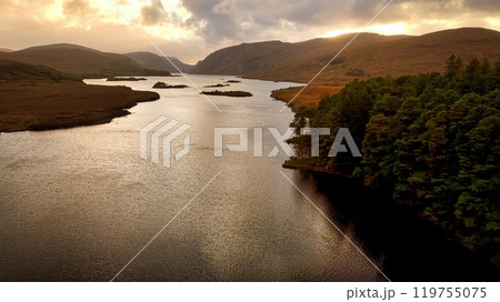 Glenveagh National Park in Donegal Ireland aerial view - The breathtaking landscape features rolling Glenveagh National Park in Donegal Ireland aerial view - The breathtaking landscape features rolling 119755075