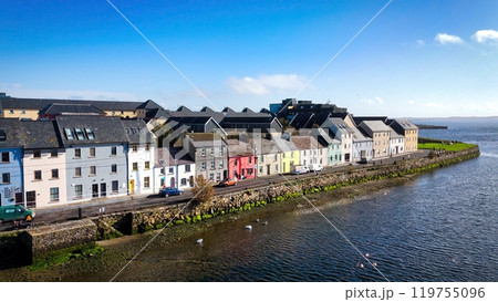 City of Galway Ireland aerial view over the Claddagh district - Vibrantly Colorful Coastal Houses City of Galway Ireland aerial view over the Claddagh district - Vibrantly Colorful Coastal Houses 119755096