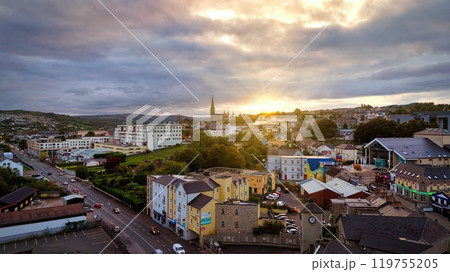 Aerial view over the town of Letterkenny in Ireland in the evening - a breathtaking scenic cityscape 119755205