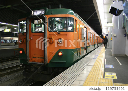 岡山駅に停車中の山陽本線113系湘南色（元京都車：岡山⇔三原） 119755491