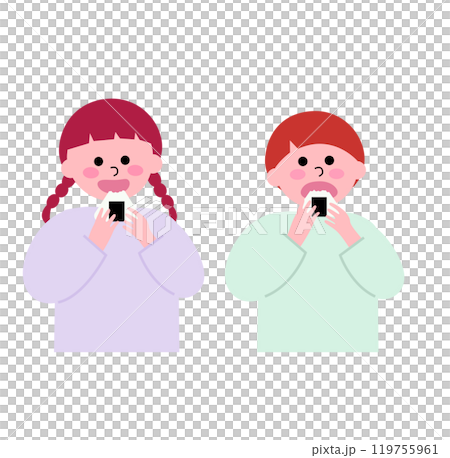 Illustration of a young boy and girl stuffing their cheeks with rice balls 119755961