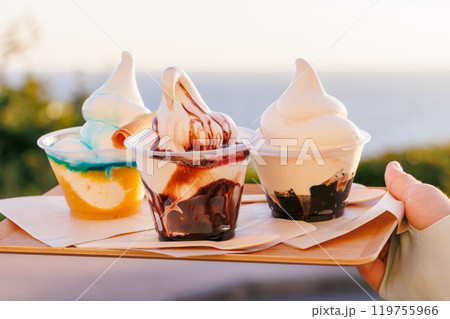 カラフルで可愛らしいソフトクリームサンデー。伊豆最南端あいあい岬の太平洋を見渡すカフェ。2024 119755966