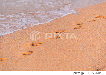 beach, wave and footprints at sunset. lonely footprint of one person on the seashore beach, wave and footprints at sunset. lonely footprint of one person on the seashore 119756049
