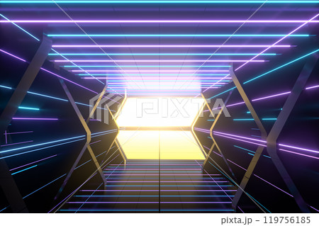 Dark spaceship tunnel with glowing lines, 3dのイラスト素材 [119756185] - PIXTA