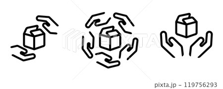 cardboard box and hand icon set illustration line outline stroke symbol of delivery service package shipping handle wit care 119756293