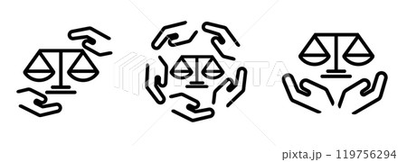 Justice lawyer attorney service scales icon set illustration line outline stroke symbol of balance legal community support with hand gesture 119756294