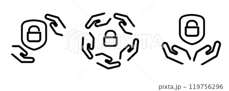 Security hand protect shield lock padlock icon set illustration line outline stroke symbol of digital encryption privacy service 119756296