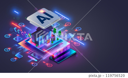 Smart home concept. AI controls Futuristic Smart home. Isometric Futuristic buildings inside chip with Ai or Artificial intelligence which effectively manages smart home, IOT devices. AI of Smart Home 119756520
