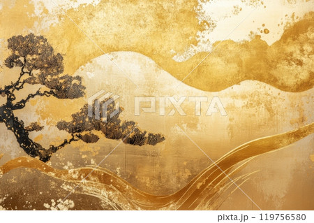 花木が描かれた金箔の背景素材 119756580