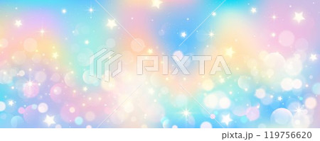 Rainbow unicorn pastel background with glitter stars. Pink fantasy sky. Holographic space with bokeh. Fairy iridescent gradient backdrop. Vector 119756620