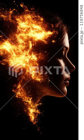 striking image of womans profile with fiery elements merging into her silhouette, creating captivating visual effect. contrast of light and dark enhances dramatic expression striking image of womans profile with fiery elements merging into her silhouette, creating captivating visual effect. contrast of light and dark enhances dramatic expression 119756848