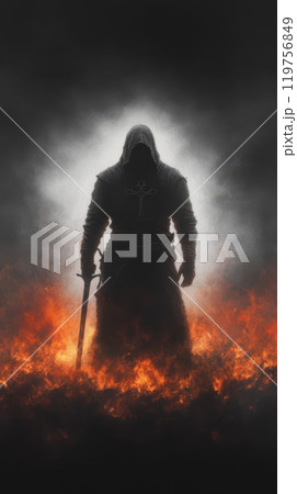 mysterious figure stands in fiery landscape, shrouded in darkness and smoke, evoking sense of danger and intrigue. silhouette holds sword, enhancing dramatic atmosphere mysterious figure stands in fiery landscape, shrouded in darkness and smoke, evoking sense of danger and intrigue. silhouette holds sword, enhancing dramatic atmosphere 119756849