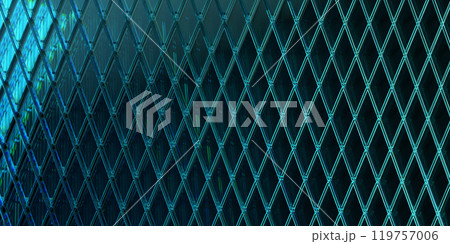 3d background with glass rhombus grid pattern. Abstract render crystal tile wall with green blue light holographic gradient texture. Translucent square mosaic surface, dark wallpaper. 3D illustration 119757006