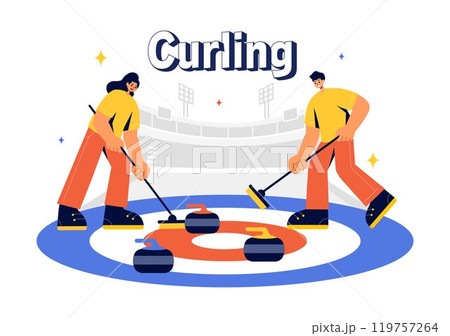 Curling Sport Vector Illustration featuring a Team Playing the Game with Rocks and Brooms on a Rectangular Ice Rink in a Championship in a Background Curling Sport Vector Illustration featuring a Team Playing the Game with Rocks and Brooms on a Rectangular Ice Rink in a Championship in a Background 119757264