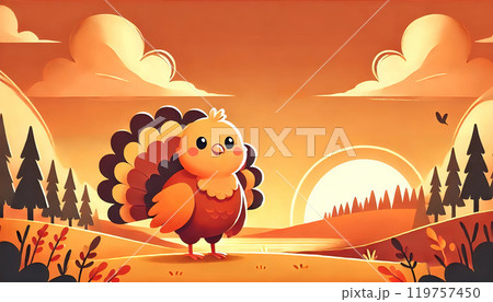 サンクスギビングイメージ；夕焼け空に佇む七面鳥 119757450